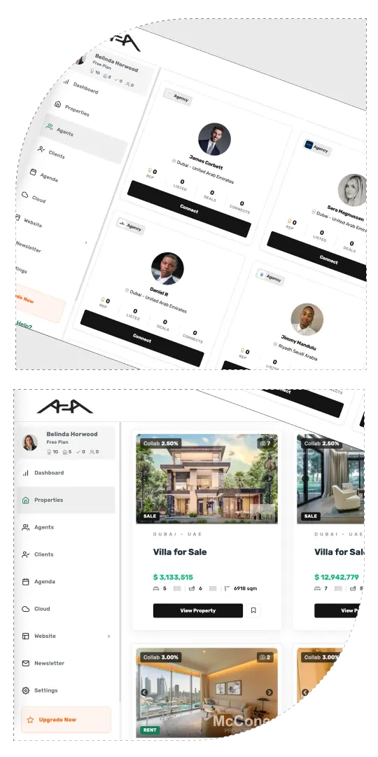 A2A platform dashboard showing agent tools, property listings, and real estate network features
